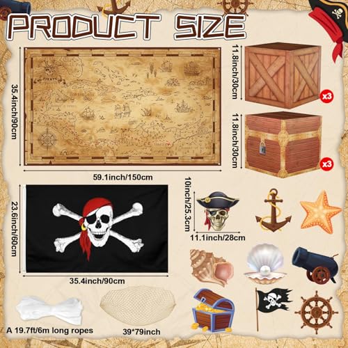 Pirate Party Decorations Set with Treasure Map Backdrop and Flags - Halloween Theme