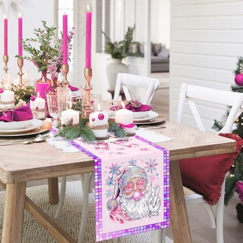 Disco Ball Christmas Table Runner - Santa Claus Bow Holiday Decor