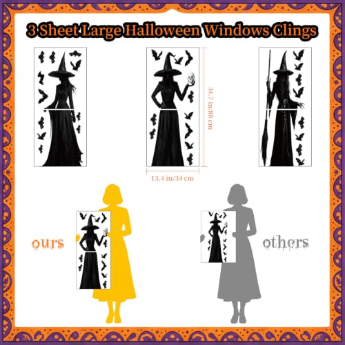 Halloween Window Clings Large Witch Silhouette Decals - Black, Spooky Decor