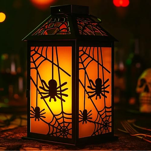 Halloween Candle Lantern with Spider Web Design - Indoor & Porch Decor, Spooky Spider Variation