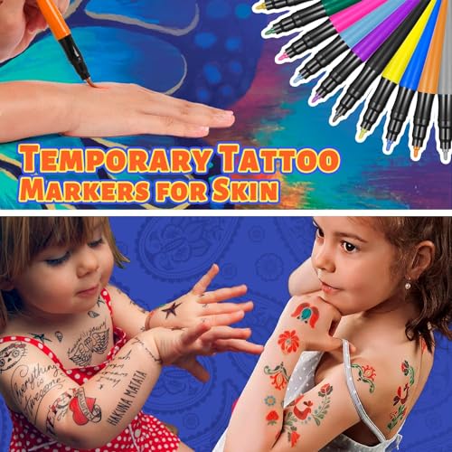 10Pcs Dual Tip Metallic Temporary Tattoo Markers for Skin - Safe Face & Body Paint Kit