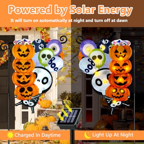 Halloween Solar Lighted Garden Flag Skeleton & Pumpkin Double Sided 12x18 Inch - Ghost Skull Variation