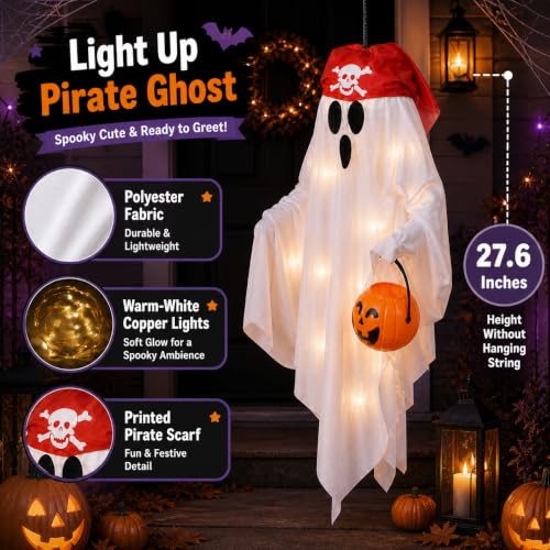 Halloween Pirate Ghost Decorations Set with Lights - White, 29 Inches