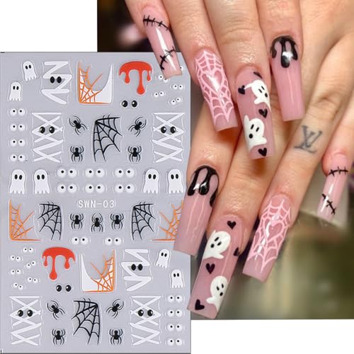 Halloween Nail Stickers 3 Sheets 5D Ghost Pumpkin Spider Web Mummy Skeleton Decals Variation of THIS listing