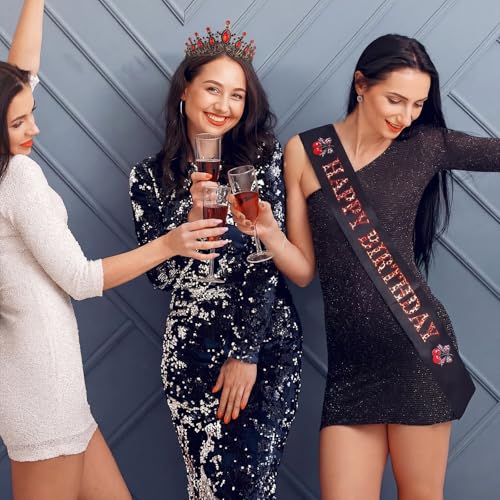 Red and Black Birthday Queen Crown & Sash Set for Women Party Decorations