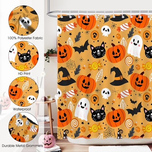 Halloween Shower Curtain 72x72 Inch - Cute Orange Bat Theme Waterproof Polyester