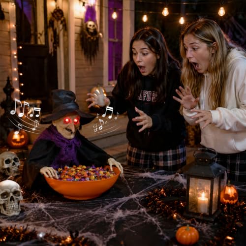 Animated Halloween Witch Candy Bowl with Moving Arms & Glowing Eyes