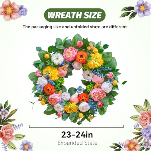 Spring Wreath for Front Door 24 Inch Vibrant Garden-Inspired Decor with Flowers & Fruit Accents