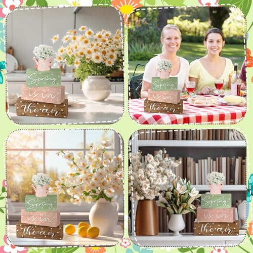 Daisy Farmhouse Spring Tiered Tray Decorations - 4 Wooden Sign Blocks - Daisy Variation