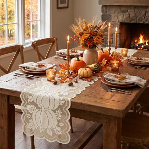 Beige Lace Jacquard Pumpkin Leaf Fall Table Runner 13x72 Inch - Artoid Mode