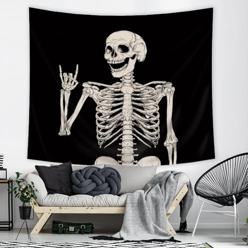Skull Skeleton Wall Tapestry - Gothic Black & White Halloween Home Decor - 51x59 Inches