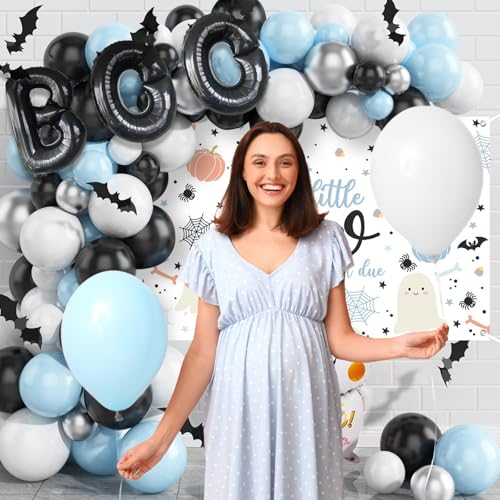 Halloween Baby Shower Decorations Balloon Set with Photo Backdrop - Blue & Black