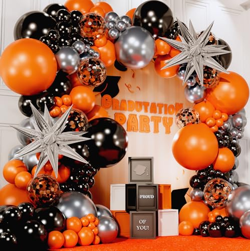 All-in-One Orange and Black Balloon Arch Kit with Garland & Starburst Balloons for Graduation, Halloween, Birthday Decor