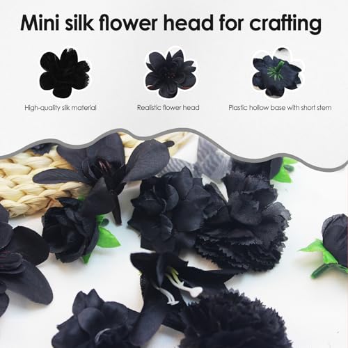Black Artificial Flowers Bulk - Mini Silk Flower Heads for DIY Crafts, Wedding, Party & Home Decor - Variation: Black