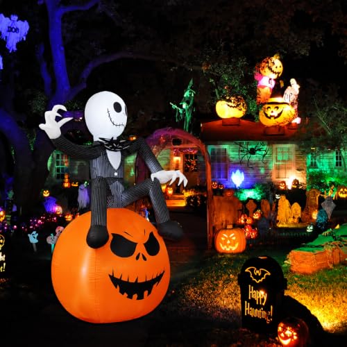 6Ft Inflatable Halloween Skeleton and Pumpkin Yard Decoration with LED Lights