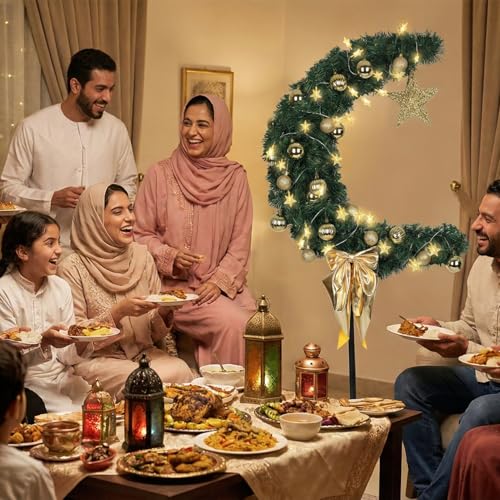 3 FT Eid Ramadan Moon Tree with LED Star String - Green Islamic Garden & Indoor Decor