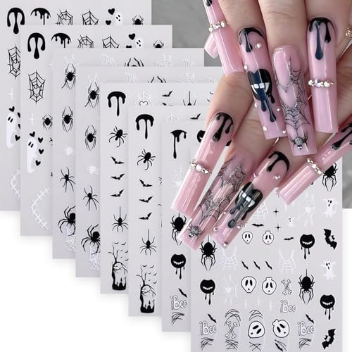 Halloween Nail Stickers Set - Black White Spider Web Blood Heart Ghost Punk Retro
