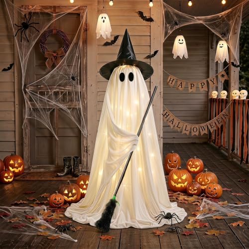 Outdoor Light Up Ghost with Witch Hat & Broom - 53 Inch Halloween Decor - White