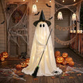 Outdoor Light Up Ghost with Witch Hat & Broom - 53 Inch Halloween Decor - White