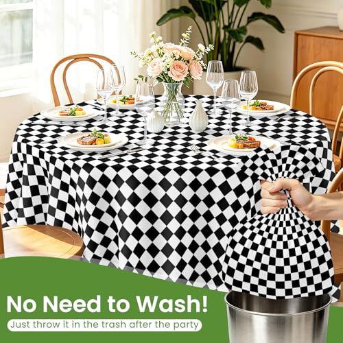 84-Inch Black Checkered Flag Round Plastic Tablecloth - 12 Pack, Disposable, Waterproof