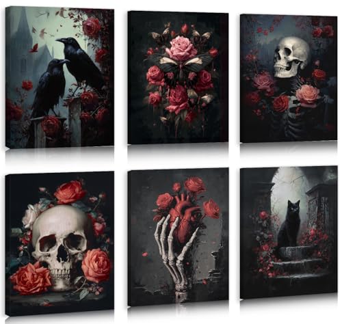 Halloween Skull & Floral Framed Canvas Wall Art Set - 8x10 Inches, Moody Dark Rose Theme, Halloween Home Decor