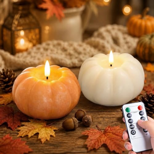 Flameless Pumpkin Candles Set - White and Orange Fall Decor, 2 Pack