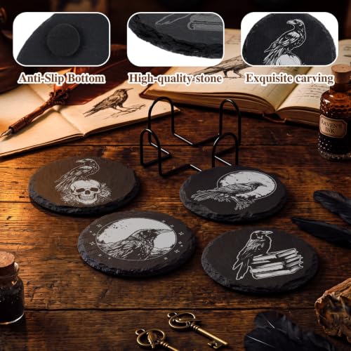 Gothic Crow Slate Coaster Set - 4-Inch Black Stone Drink Coasters with Holder