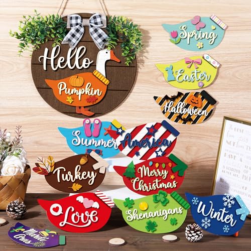 Wooden Goose Welcome Sign with Interchangeable Outfits - Rustic Farmhouse Porch Decor - 13 Pieces - Variation of Goose Outfits