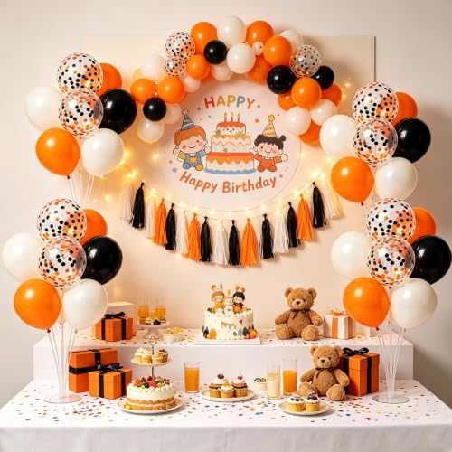 Halloween Orange Black Balloon Stand Kit for Table Centerpieces - 6 Sets with Confetti Balloons - Variation: Grad Orange