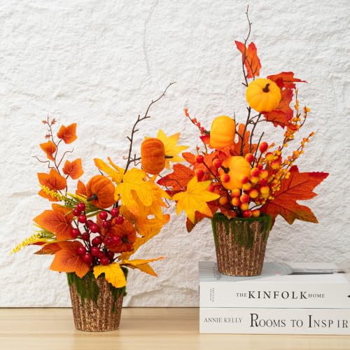 Artificial Pumpkin and Maple Leaf Fall Centerpieces Set - Orange and Red, 2 Pieces
