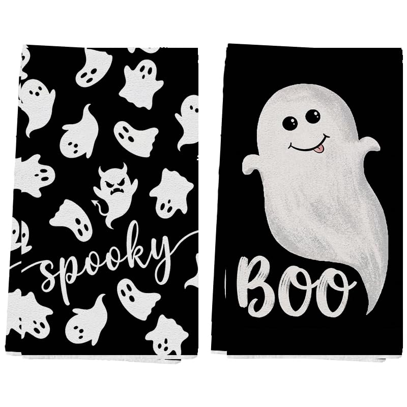 Halloween Black Ghost Kitchen Towels Set of 2 18x26 Inch Boo Decor Dish Hand Towels