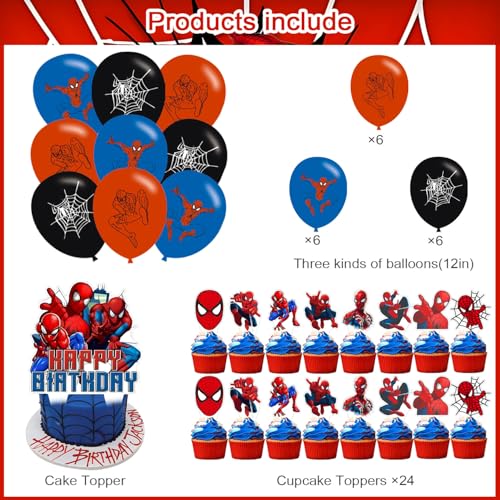 Spider Web Birthday Decorations Set with Balloons & Toppers for Kids Party