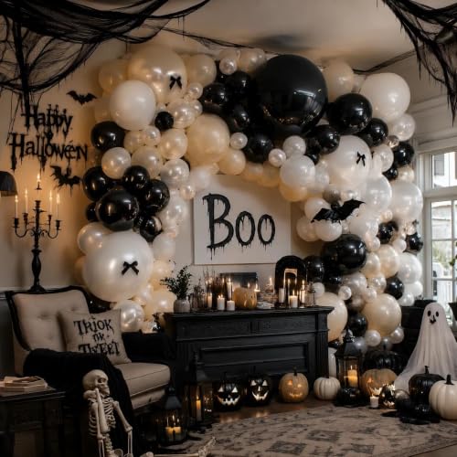 Black White Balloon Arch Kit - Double Stuffed Pearl White & Black Balloons with Bow - Wedding & Party Decorations