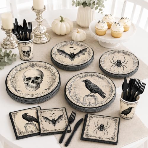 Halloween Party Supplies Set with Gothic Skull Raven Bats & Spiders for 24 Guests
