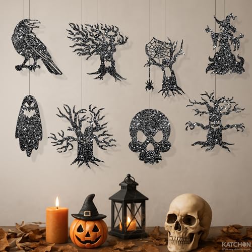 Spooky Black Glitter Halloween Garland Pack of 10 - Hanging Decorations