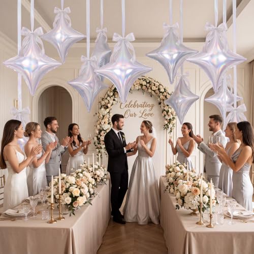 Iridescent Star Balloons Set - 30 Large 26 Inch Foil Balloons with Ribbons & Bows