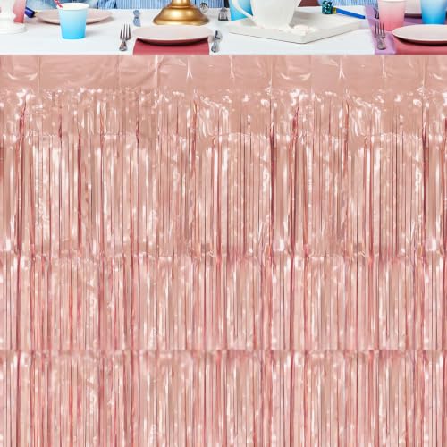 2 Pack Rose Gold Foil Fringe Table Skirts for Party Decorations - 29.5x108 Inch