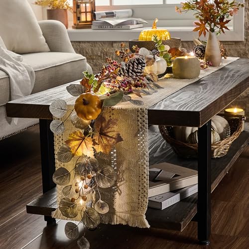 Fall Maple Leaves Garland with Pumpkins and LED Lights - 6ft Autumn Decor