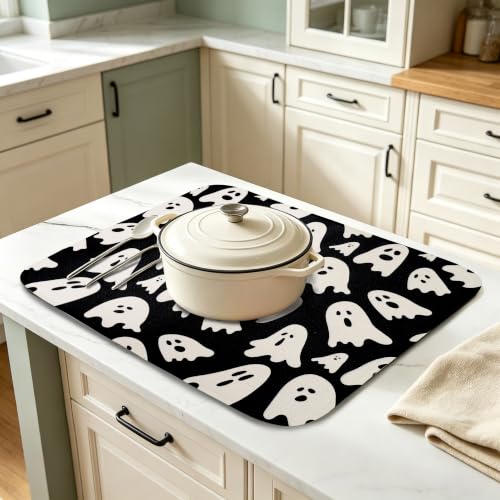 Halloween Ghost Dish Drying Mat - 16x18 Inch Absorbent Kitchen Counter Protector