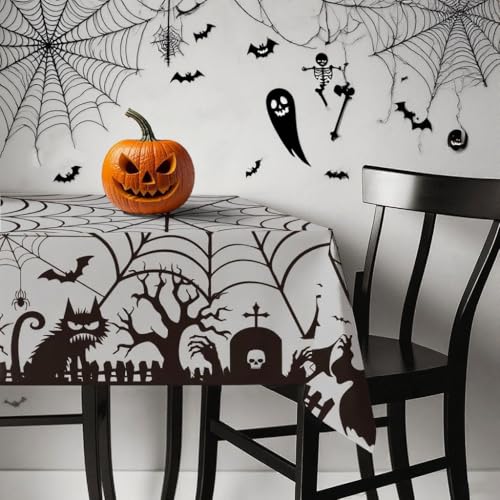 Halloween Spider Web Table Cloth - Black Castle Rectangular Fabric 90x60 Inches for Parties