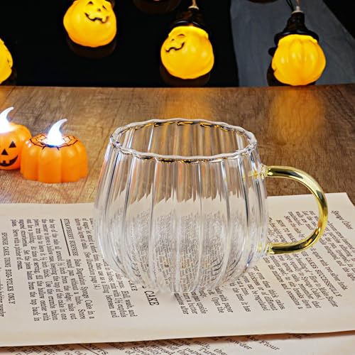 Halloween Pumpkin Glass Coffee Mugs Set of 4 - 14oz with Yellow Handle