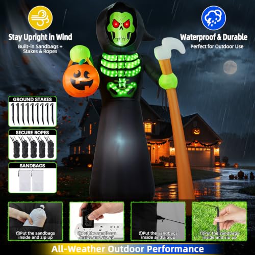 8FT Tall Halloween Inflatable Grim Reaper Skeleton Ghost with Lightshow - Waterproof Yard Decoration