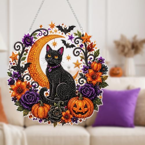 Halloween Black Cat Moon Diamond Art Suncatcher Kit - 10x10in Window Decor