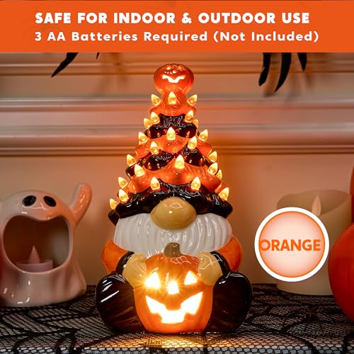 Halloween Pumpkin Gnome Ceramic Tree with Built-in LEDs - 8.5 Inch Tabletop Decor