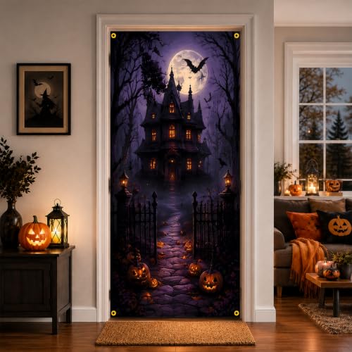 Halloween Door Cover Purple Castle Horror Party Decor - Variation 9