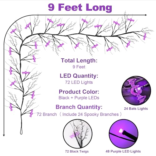 9 FT Halloween Willow Vine Garland with Bats Purple Lights - Timer & 8 Modes - Indoor Outdoor Decor