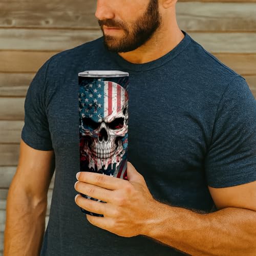 Black Patriotic Skull Tumbler 20oz Travel Mug - American Flag Design