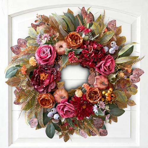 24-Inch Fall Floral Front Door Wreath with Burgundy Roses & Pumpkins - Farmhouse Harvest Decor