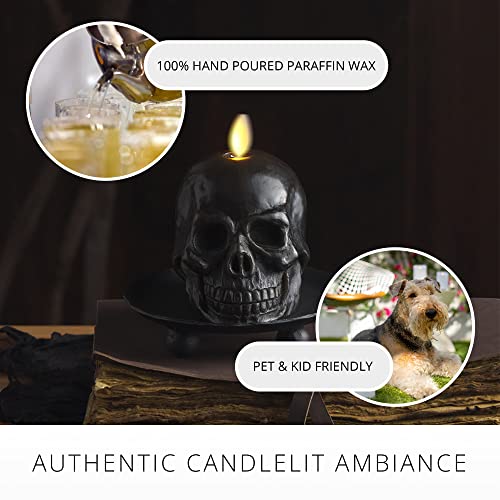 Flameless Skeleton Skull Candle - Black Moving Flame LED Halloween Décor - Small 3.75x4.25 inches