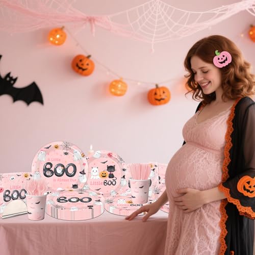 Pink Halloween Baby Shower Dinnerware Set - Plates Napkins Cups for Girl Party